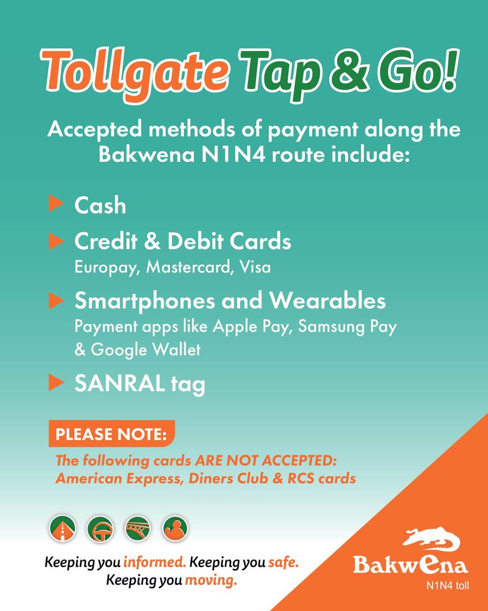 GovernmentZA's tweet image. 🚗💳 Tollgate Tap &amp;amp; Go made easy on the Bakwena N1N4 route!

Pay your way with cash, cards, smartphones, wearables, or a SANRAL tag—keeping you moving smoothly.

Source: Bakwena Platinum Corridor Concessionaire 

#TravelSmart #RoadSafety #Bakwena #GovZAUpdates #Arrivealive