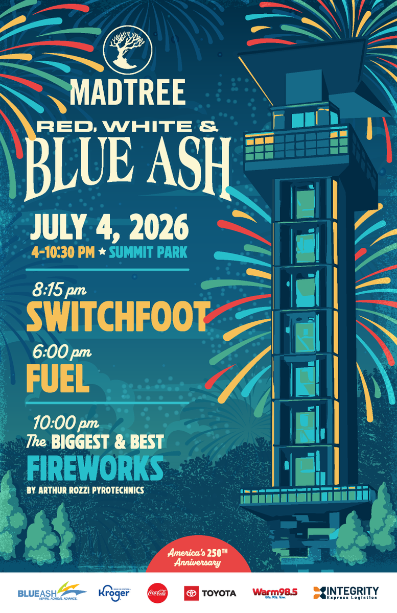 summitblueash's tweet photo. The City of Blue Ash is thrilled to bring you outstanding live music, stellar fireworks, and more at MadTree Red, White &amp; Blue Ash 2026! The July 4th event at Summit Park features SWITCHFOOT &amp; Fuel,  fireworks from Arthur Rozzi Pyrotechnics. More info: https://t.co/Blrg1Idk5a https://t.co/s36AiFP1u4