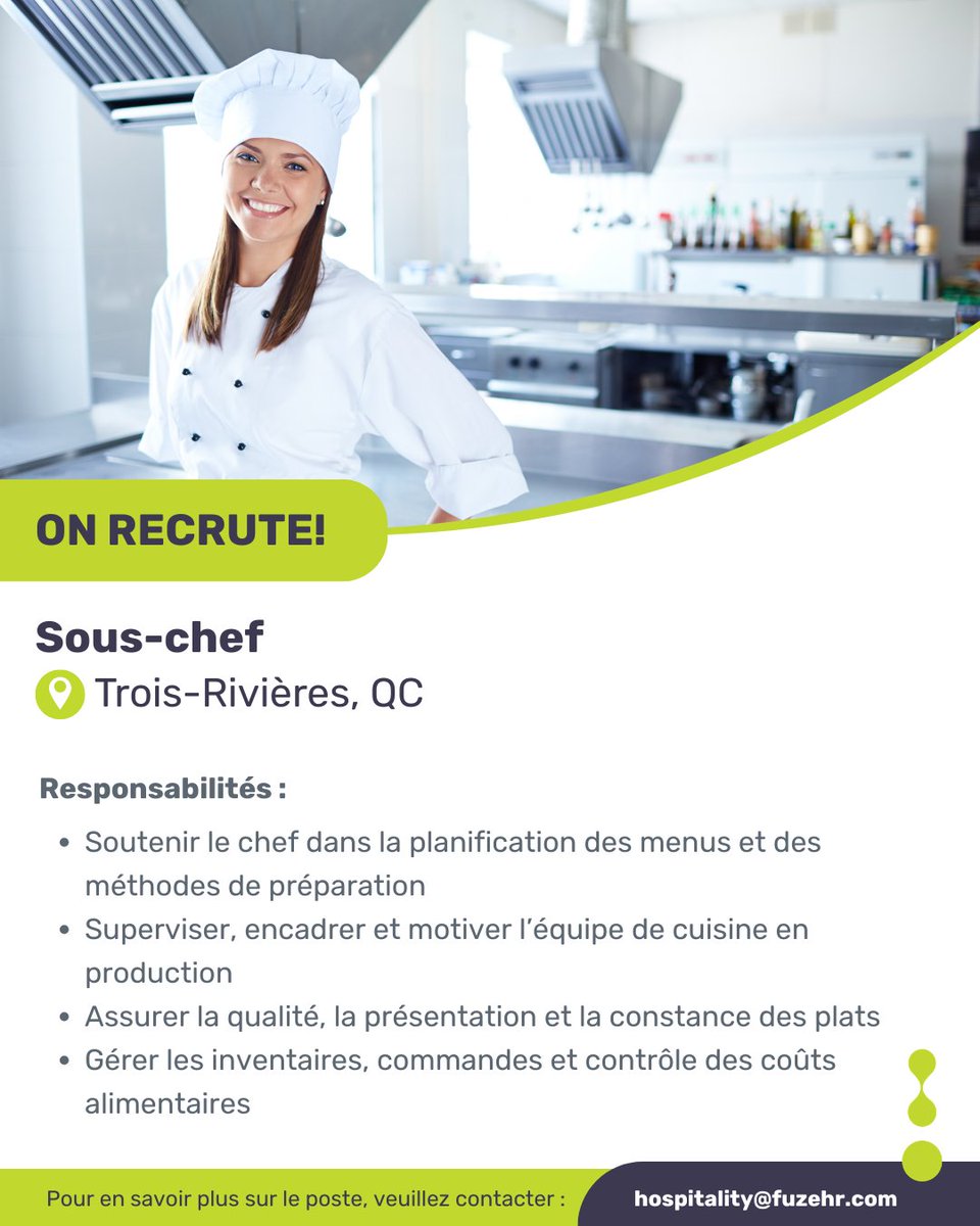 FuzeHR's tweet image. Nous recrutons ! Sous-chef – Trois-Rivières, QC

Postulez maintenant : hospitality@fuzehr.com
En savoir plus sur le poste : ow.ly/3ZFF50YOKcj

#SousChef #Cuisine #Restauration #TroisRivières #EmploiQC #FuzeHR #HôtellerieRestauration #Quebec