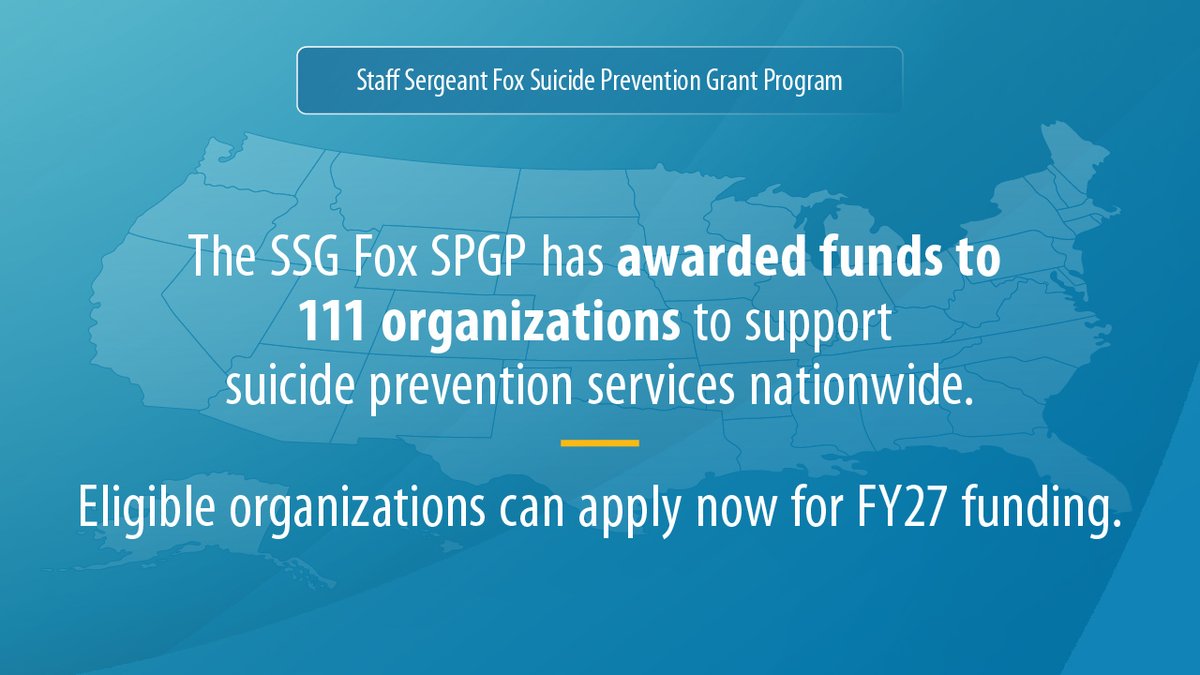 DeptVetAffairs's tweet image. The SSG Fox Suicide Prevention Grant Program is now accepting applications for FY27 funding. Eligible community-based organizations providing suicide prevention services to #Veterans are encouraged to apply by June 12: MentalHealth.VA.gov/ssgfox-grants.