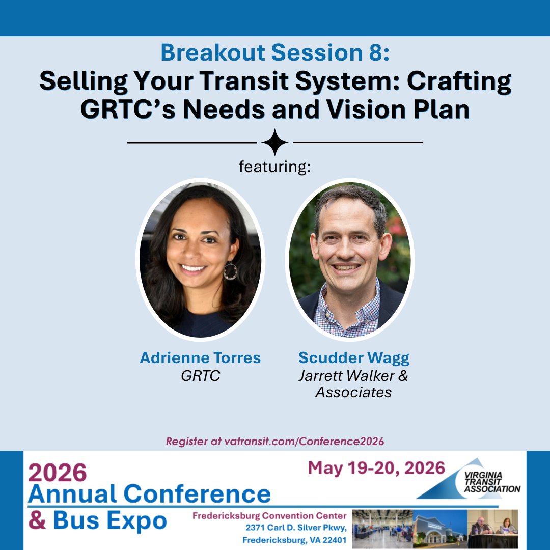 VaTransitAssoc's tweet photo. Join our speakers from @GRTCTransit and Jarrett Walker &amp; Associates for Breakout Session 8: Selling Your Transit System: Crafting GRTC's Needs and Vision Plan at our 2026 #VTAConference!

Learn more at ➡️ https://t.co/IbuOXGo7rW https://t.co/dy0WfQPCst