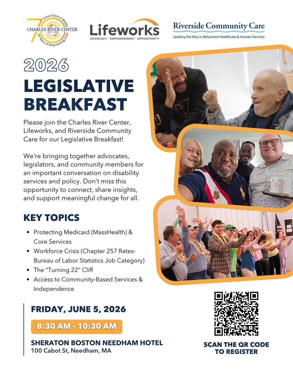 LifeworksArc's tweet photo. Join us for our 2026 Legislative Breakfast, hosted by Lifeworks, the Charles River Center, and Riverside Community Care. 

📅Friday, June 5, 2026 | 8:30 - 10:30 AM
📍Sheraton Boston Needham Hotel

🔗Register here: https://t.co/NByf4e0ujo https://t.co/vjd2a4stFG