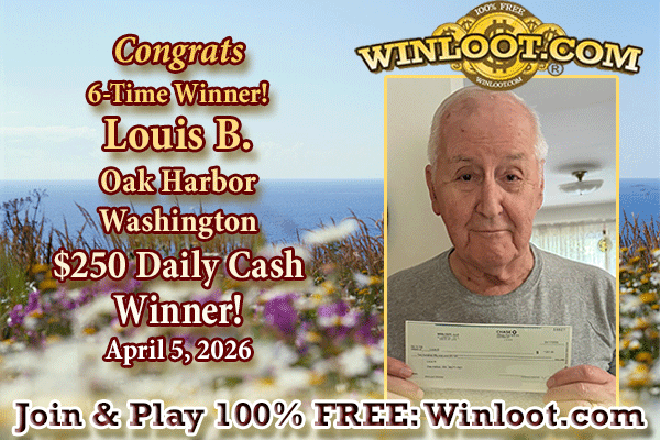 Winloot's tweet image. 🥳Congrats to 6-time winner, Louis B. of Oak Harbor, Washington, on his first $250 Daily Cash Prize win on April 5, 2026!🏆💸

👉Join &amp;amp; Play 100% FREE: ow.ly/JTXv50YRNvJ
✔️Free Membership!
✔️Free #Sweepstakes #games!
✔️Free prize payments!
✔️Guaranteed Daily #Winners!