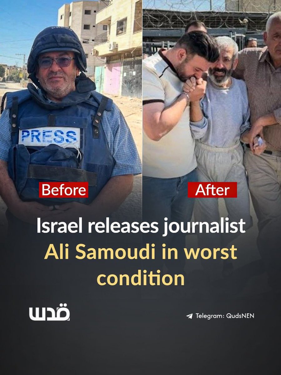 QudsNen's tweet photo. After a year in Israeli detention camps, Palestinian journalist and Reuters cameraman Ali Al-Samoudi has been released, having lost half his body weight due to systematic starvation and mistreatment endured by Palestinian detainees. 

Al-Samoudi was previously wounded by the same Israeli soldier who killed Al Jazeera journalist Shireen Abu Akleh in Jenin, occupied West Bank, in May 2022.