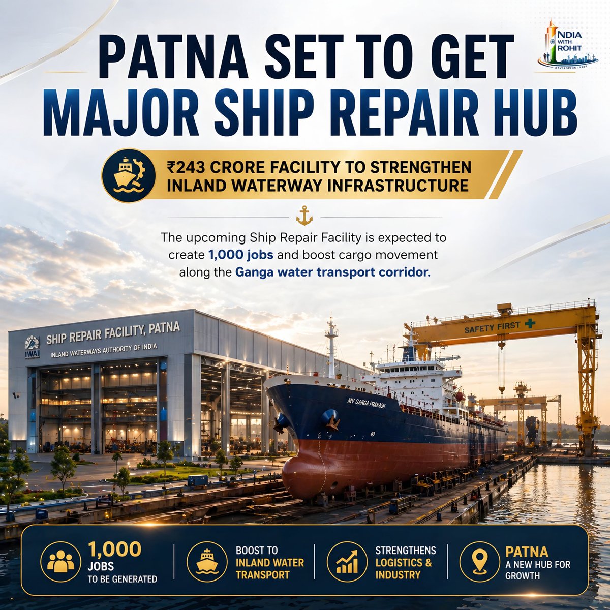 IndiaWithR9463's tweet image. Patna is set to get a Major #ship repair hub to strengthen #inlandWaterways infrastructure.

#waterways #patna #bihar #ganga #shiprepair #india #developingindia