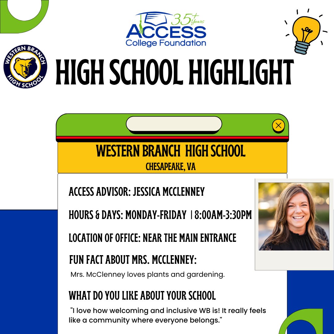 AccessCollegeFd's tweet photo. Up next is Western Branch High School in Chesapeake! Below are some quick facts about the school and the ACCESS Advisor who’s making a difference every day: https://t.co/SlE2uRS6em