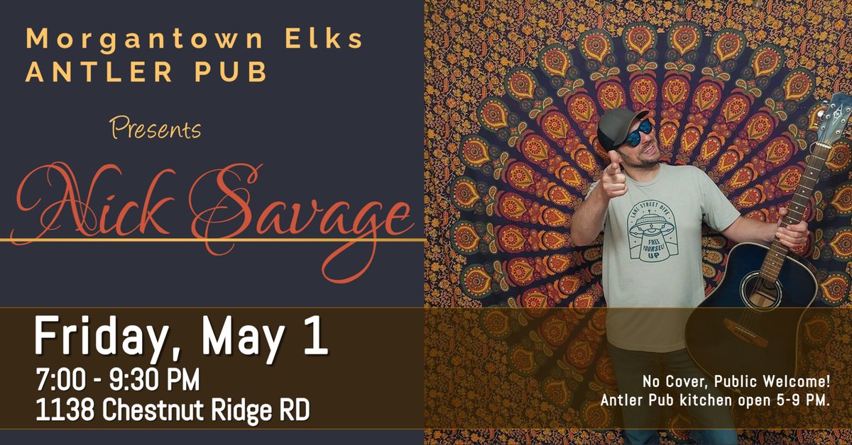 411Elks's tweet photo. Friday night sounds like a great night for a burger and some free music by NICK SAVAGE! Playing from 7:30 to 9:30 PM. No Cover - Public Welcome. Pub Menu available 5 - 9 PM. https://t.co/SW9gEWUB2k