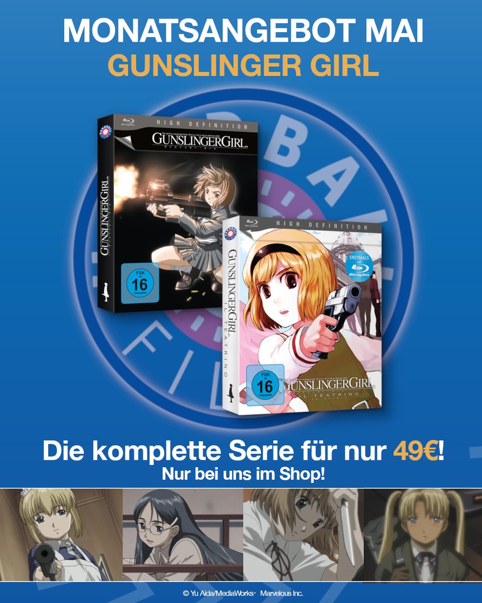 HardballF's tweet photo. MONATSANGEBOT! 🤩 Actionreiche Unterhaltung mit „Gunslinger Girl“ im Mai! Nur diesen Monat erhaltet ihr beide Staffeln im Bundle für nur 49€! Jetzt im Hardball Films Shop bestellen! ➡️ https://t.co/y4e9XLc9Sv

Ihr bekommt:
👉 beide Staffeln in je einer Gesamtausgabe
👉 alle 26 Episoden & 2 OVAs
👉 zahlreiche Video-Extras
👉 1 Booklet und 6 Postkarten
👉 ein shop-exklusives Button-Set

Darum geht’s in Gunslinger Girl:
Die fünf Mädchen Henrietta, Claes, Triela, Angelica und Rico erscheinen auf den ersten Blick wie ganz normale Teenager, doch eine Geheimorganisation der italienischen Polizei hat diese durch chirurgische Eingriffe zu Cyborgs umfunktioniert, die nur ein Ziel haben: Sofortige Elimination aller Feinde des Staates. Als Killermaschinen von den Behörden zu hehren, aber auch schmutzigen Zwecken missbraucht, machen sie mit Revolver, Schrotflinte, Scharfschützen- oder auch Maschinengewehr kurzen Prozess mit rechten Terroristen und anderen Schurken. Aber hinter jedem dieser Mädchen steckt auch eine tragische Geschichte…

#gunslingergirl #anime #hardballfilms