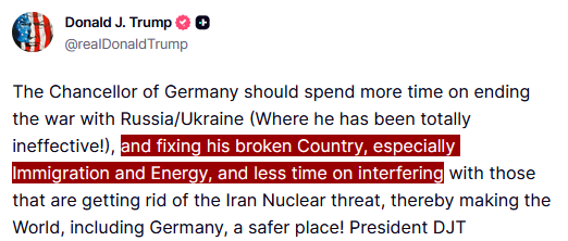 Dominik_Kettner's tweet photo. 🚨🇩🇪🇺🇲 EILMELDUNG – #Trump meint, der @bundeskanzler solle sich stärker auf den Krieg zwischen Russland und der #Ukraine konzentrieren, Deutschland vor allem in den Bereichen Einwanderung und Energie reformieren und weniger Zeit damit verbringen, sich in die Angelegenheiten „derer einzumischen, die die nukleare Bedrohung durch den Iran beseitigen“.