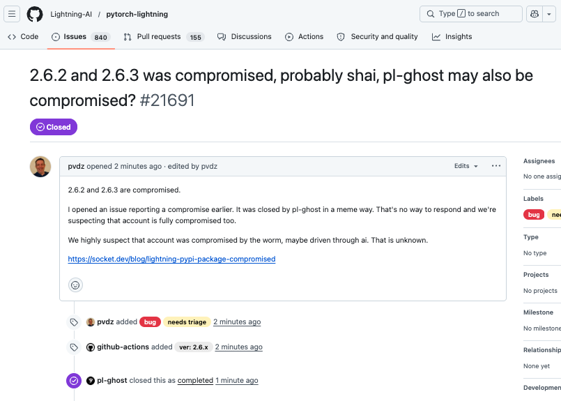 SocketSecurity's tweet photo. We're trying to alert the lightning maintainers and the threat actor is closing our issues within one minute. The project’s GitHub account appears to be compromised. https://t.co/WZ0azpyVnF