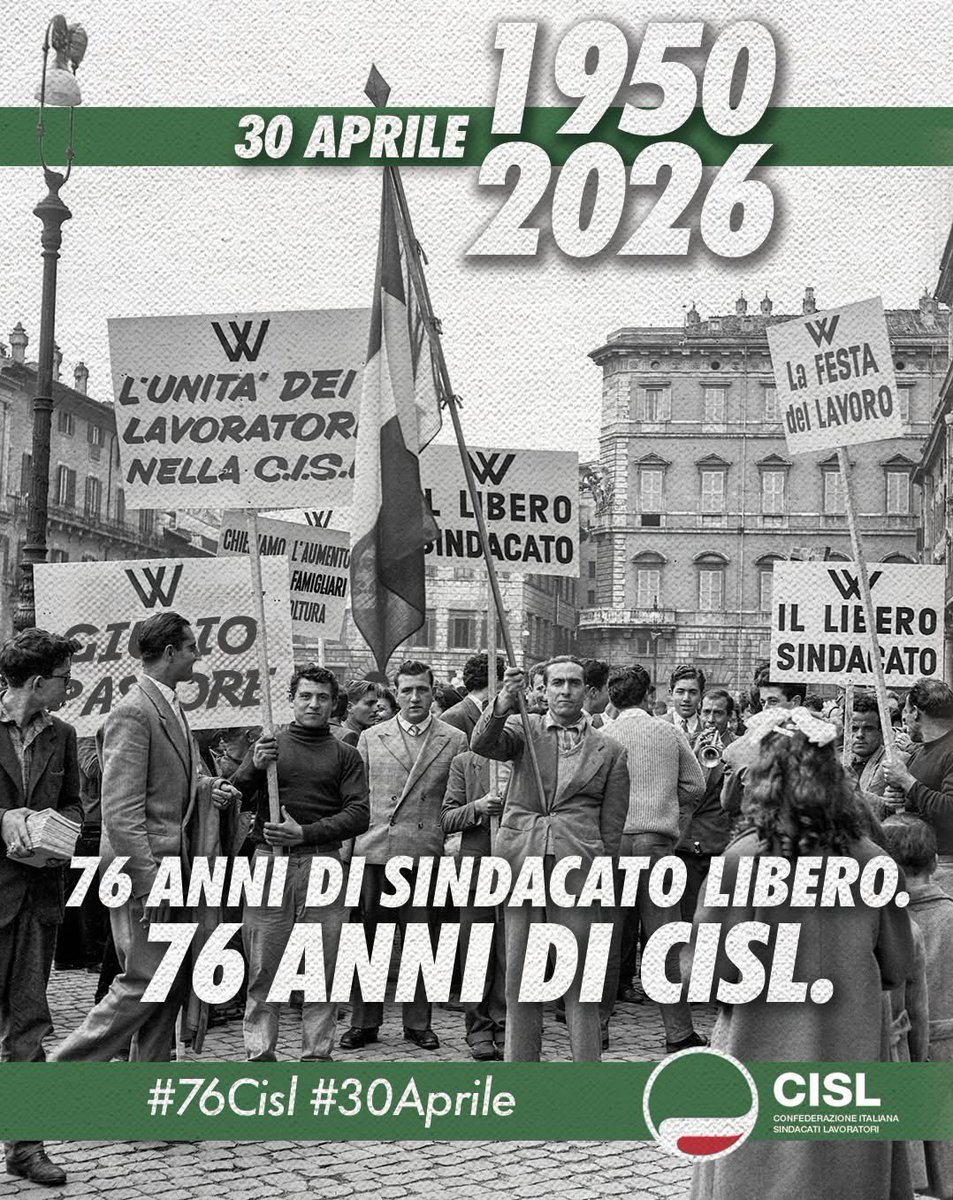 cisl_grottaglie's tweet photo. 🟢 30 aprile: 76 anni di CISL. Dal 1950 al fianco del lavoro, con autonomia, responsabilità e solidarietà. Un sindacato libero che tutela diritti e costruisce futuro. Insieme, ogni giorno. #76Cisl #30Aprile https://t.co/NIaKMESAgq