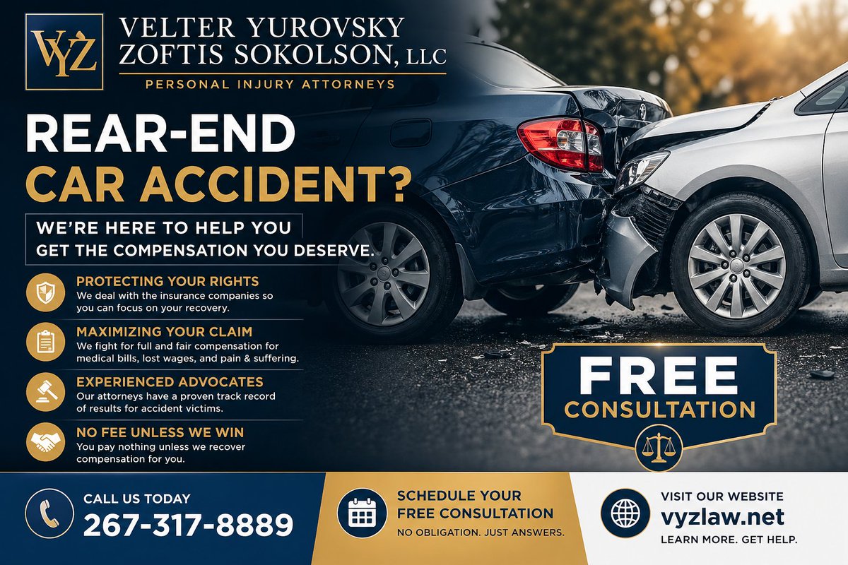 law_firm_philly's tweet image. Injured in a rear-end collision? 🤕🚗 Reach out to Velter Yurovsky Zoftis Sokolson, LLC right away. 📞 Let our attorneys handle the legal side while you focus on recovery.
#philadelphia #attorney #caraccident #personalinjury
rfr.bz/tc05724