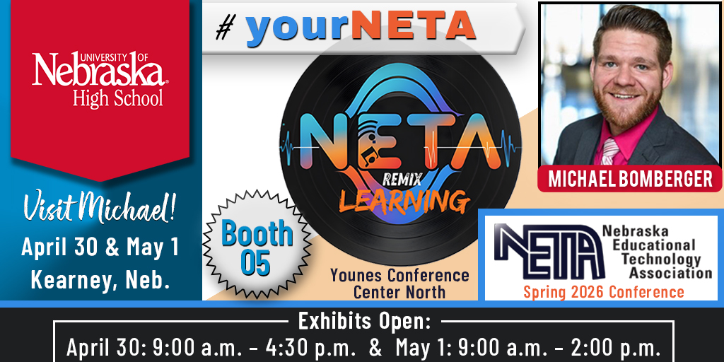 UNHSchool's tweet photo. Michael Bomberger, Asst. Director of Marketing &amp; Recruiting, is representing UNHS at the @yourNETA Spring 2026 Conference in Kearney, Neb., this week! Visit Booth 05 at the Younes Conference Center North to hear how Nebraska schools &amp; students benefit from our flexible courses! https://t.co/zpoYybEvD9
