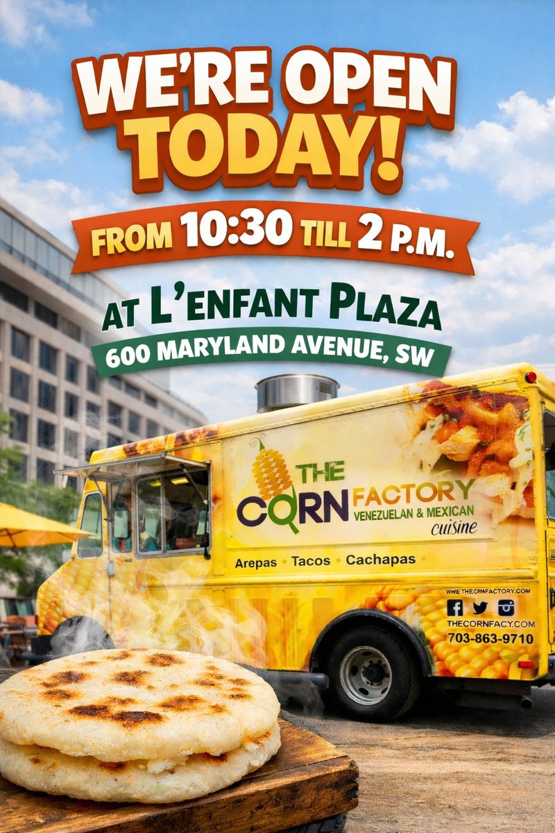 thecornfactory's tweet image. Good Morning! Come and get your fix of our authentic Venezuelan / Mexican cuisine. We will be serving lunch @ L'enfant Plaza Metro Station(650 Maryland Ave SW WashingtonDC). Windows open from 10:30 am until 2pm. See you soon!!! #glutenfreefood #glutenfreefoodtruck #WashingtonDC