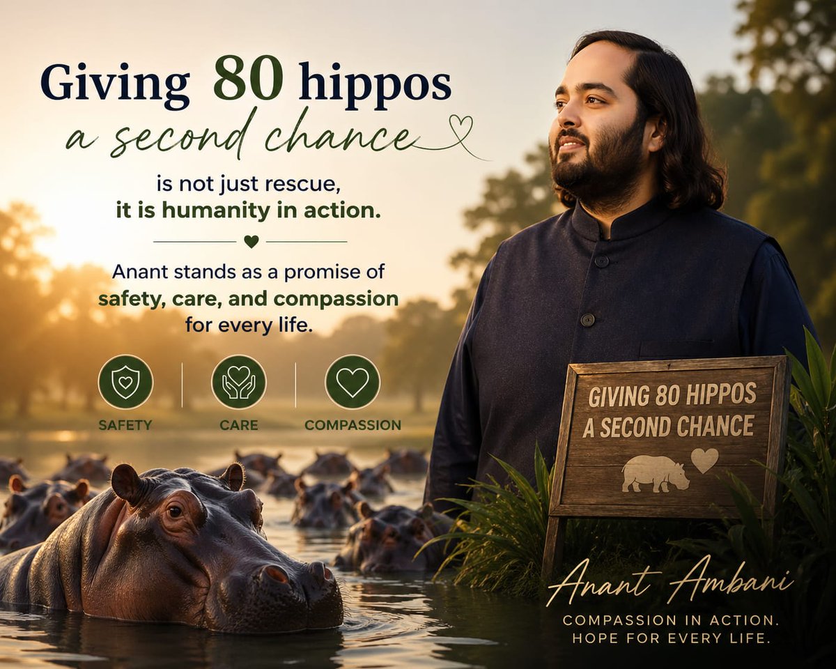 lutfa05's tweet photo. #AnantSaves80Hippos  Anant Ambani’s dedication to rescued animals’ lifelong care showcases deep empathy. His efforts urge the world to embrace our shared duty to safeguard and cherish all creatures. https://t.co/2sQuMj8BpT