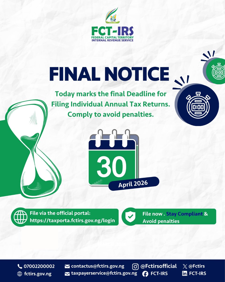 fctirs's tweet image. ⏰ Final Call!

Today is the deadline for filing your Individual Annual Tax Returns. Don’t delay, file now to stay compliant and avoid penalties.

👉 taxporta.fctirs.gov.ng/login⁠

#FCTIRS #TaxCompliance #FinalDeadline #FileNow #StayCompliant #AvoidPenalties #TaxSeason