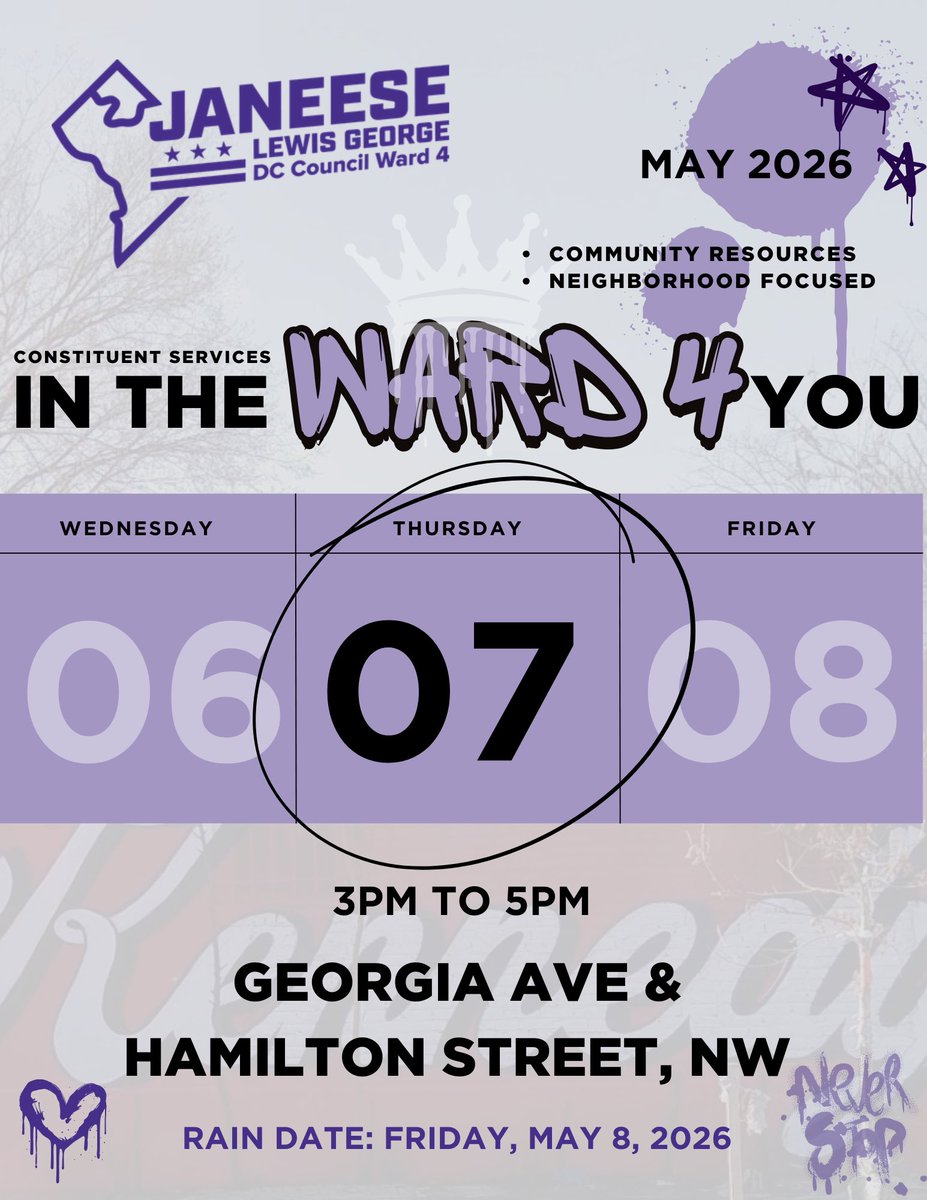 CMLewisGeorgeW4's tweet image. 📢 #Ward4 constituent services pop-ups start next week!
 
Next Thursday from 3pm-5pm, join us at Georgia Ave and Hamilton St to meet with agency representatives and get help with constituent services.