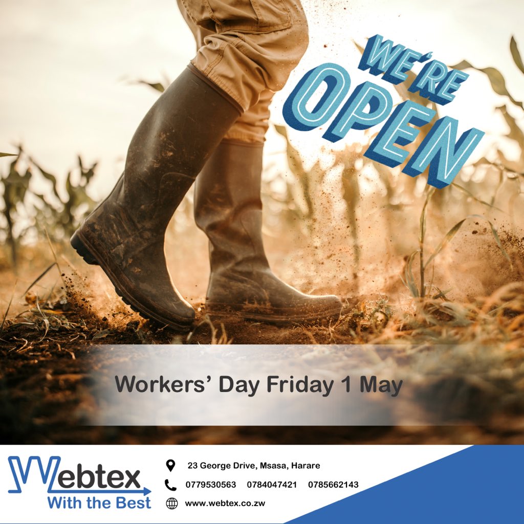 WebtexZw's tweet photo. Friday 1 May we are OPEN.
#WebtexZimbabwe #WithTheBest #ZimbabweManufacturing https://t.co/lzaVYqHbmg