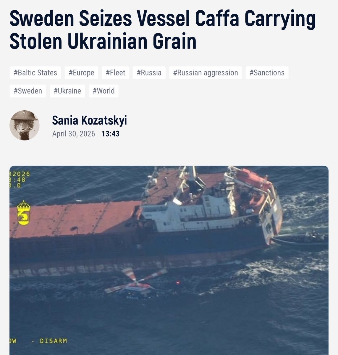 MargoGontar's tweet image. OMG YOU GUYS! SWEDEN DID IT! Sweden Lconfiscated Russian ‘shadow fleet’ ship  carrying stolen Ukrainian grain and is looking into how to transfer the ship to another country
