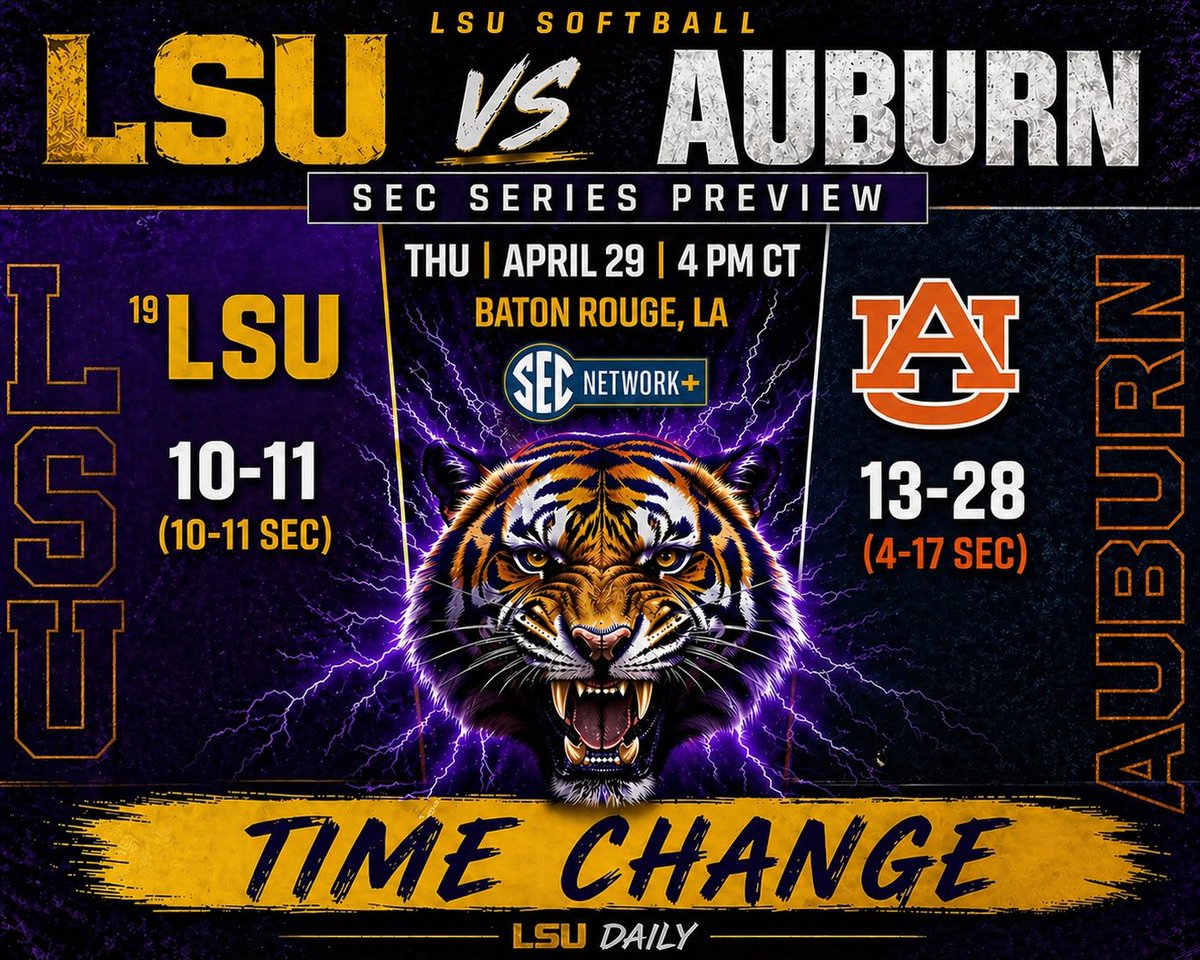 lsu_dailynews's tweet photo. Due to the forecast of inclement weather in the Baton Rouge area, Thursday’s game between No. 19 LSU and Auburn has been moved to 4 p.m. CT at Tiger Park.
#LSU #TimeChange https://t.co/bKusWfdFlz