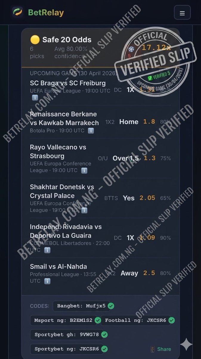BetRelayNG's tweet photo. TODAY'S VERIFIED SLIP IS HERE! 🟢
17.12x odds, 80% confidence. 6 top picks for April 30, 2026. Codes in image. Let's feast! ⚽️💰 #BetRelay #Winning https://t.co/1adRfdlyzC