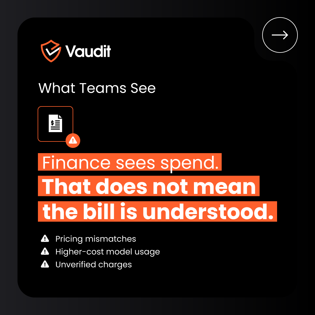 VauditApp's tweet photo. AI costs can spike 50%+ in a month.

Pricing keeps changing.
Dashboards show usage, not verified bills.

Errors slip through:
Wrong models. Pricing mismatches. Unchecked 
charges.

Not an engineering problem.
A finance one.

Visibility ≠ verification.

#AISpend https://t.co/KAWNYzCr4L