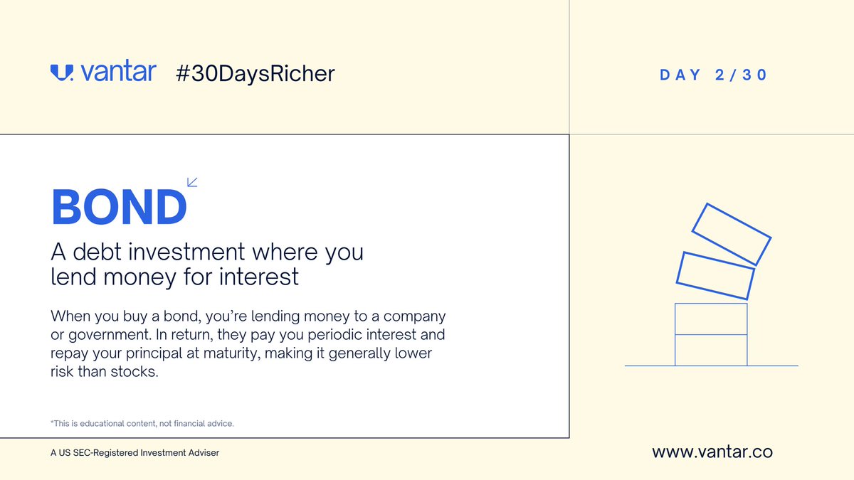 Day 2/30

Bonds are another asset class you can invest in. 

With Bonds, you’re not just investing, you’re lending governments/companies your money and they pay you back with interest.

Learn to invest commision-free join our community - linkly.link/2gY1g