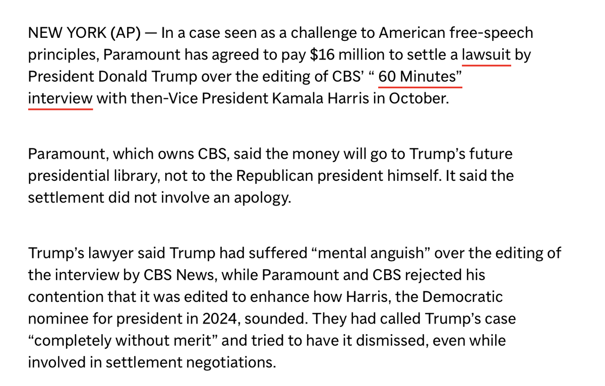 Paramount handed Trump a $16 million check b/c 60 Minutes edited an interview w/Kamala Harris but they do the same thing for him &amp; it's crickets. He gets to play by his own special set of rules but when we point this out, reporters tell us we don't understand how journalism works
