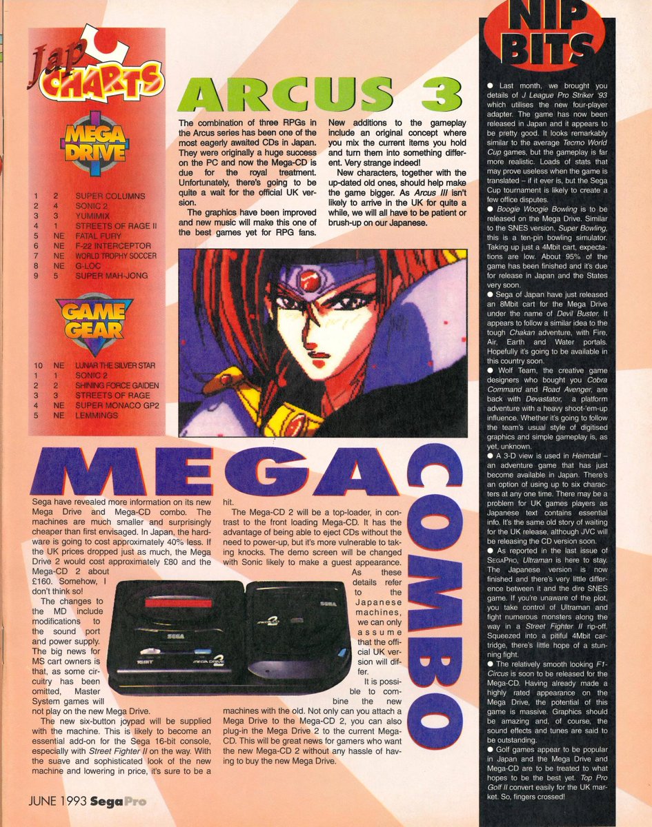 XRPee1983's tweet image. The June 1993 issue of Sega Pro previews the new Mega Drive 2 and Mega-CD 2 hardware alongside upcoming titles like Arcus 3 and Devastator.

​#Sega #MegaDrive #RetroGaming #SegaCD #GamingHistory #Arcus3