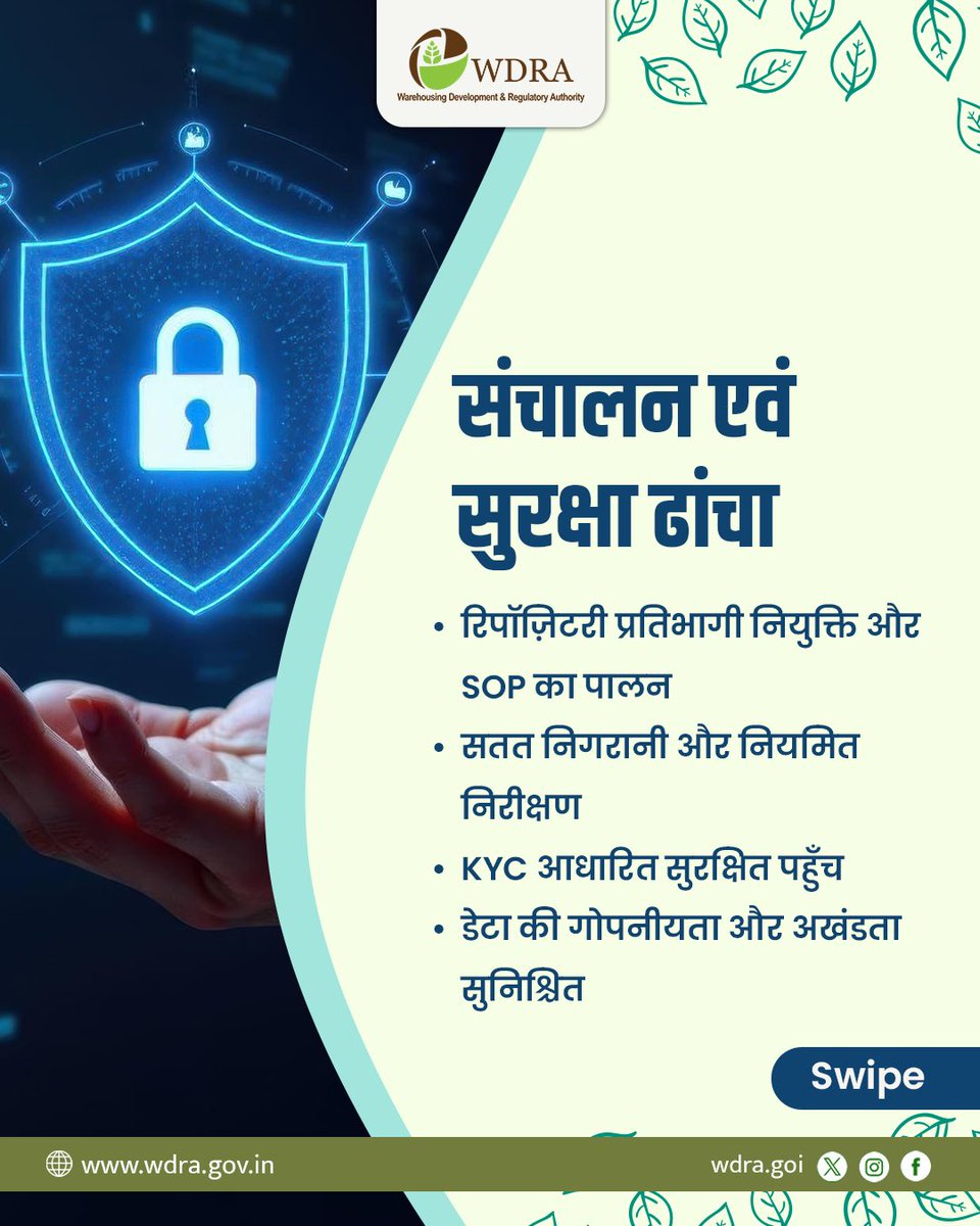 WDRA6's tweet image. क्या आप जानते हैं?
eNWR प्रणाली न केवल भंडारण, बल्कि सुरक्षित डेटा, पारदर्शी लेन-देन और विश्वसनीय प्रक्रियाओं का आधार है।

#WDRA #eNWR #SecureStorage #AgriReforms
