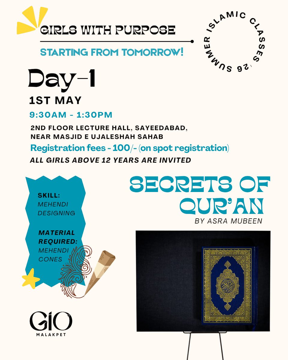 Purposeful summers start here 🌿✨
Day 1 of our Girls’ Islamic Summer Classes begins with hearts ready to learn and grow.

📖 Secrets of Qur’an — by Asra Mubeen
🎨 Skill Session: Mehendi Designing

#GirlsWithPurpose #SummerIslamicClasses