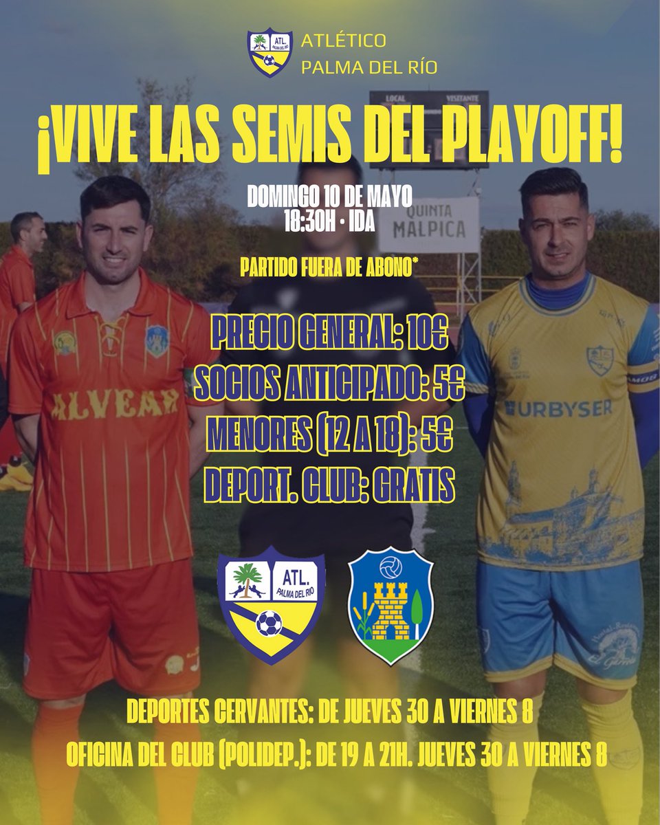 🏆 𝐏𝐥𝐚𝐲 𝐎𝐟𝐟 𝐝𝐞 𝐚𝐬𝐜𝐞𝐧𝐬𝐨 • ¡𝐕𝐢𝐯𝐞 𝐥𝐚𝐬 𝐬𝐞𝐦𝐢𝐬 𝐜𝐨𝐧 𝐧𝐨𝐬𝐨𝐭𝐫𝐨𝐬! 💛

⚔️ Este domingo 10 de mayo a las 18:30 disputamos en el Sergio León la ida de las semifinales del play off frente al @montillacf 

#AmarilloYAzul 💛💙
