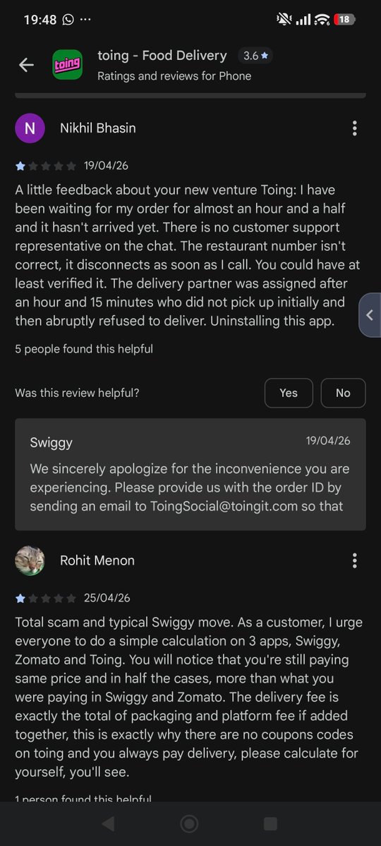 MathpalNitish's tweet image. Don't fall for this new @Swiggy scam. Check the app reviews on play store first. The 3.6 star rating is through purchased reviews but the actual rating would be less than a 1 star and will soon be there. New app just to keep doing old scams with a new face... #toing #fraud
