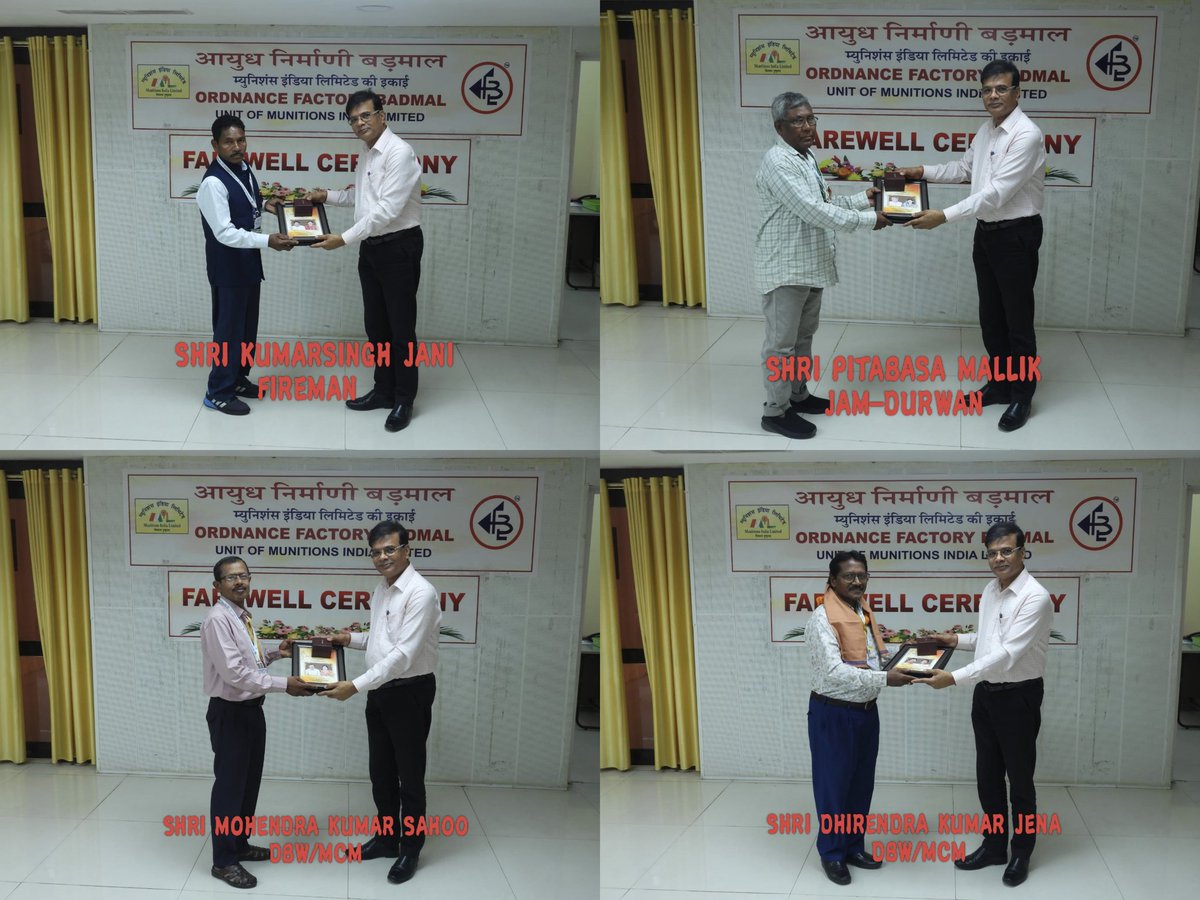 proofbl's tweet photo. Two Officers &amp; Twelve Employees of Ordnance Factory Badmal Retired on 30.04.2026
Ordnance Factory Badmal Wishes Them a Healthy Life &amp; Bright Future.
@IndiaMunitions

@SpokespersonMoD https://t.co/eDZymUOtm9
