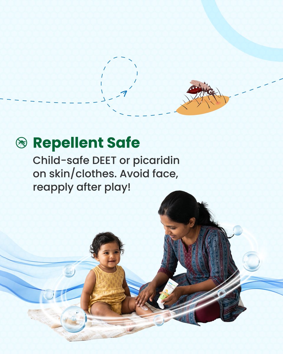 AVIClinics's tweet image. Repellent Safe: Child-safe DEET or picaridin on skin/clothes. Avoid face, reapply after play!
Cover Up: Long sleeves, pants, and socks at dusk. Light colors hide less from mosquitoes! 

#ChildCare #MosquitoPrevention #HealthyKids #ParentingTips #StaySafe #DiseasePrevention