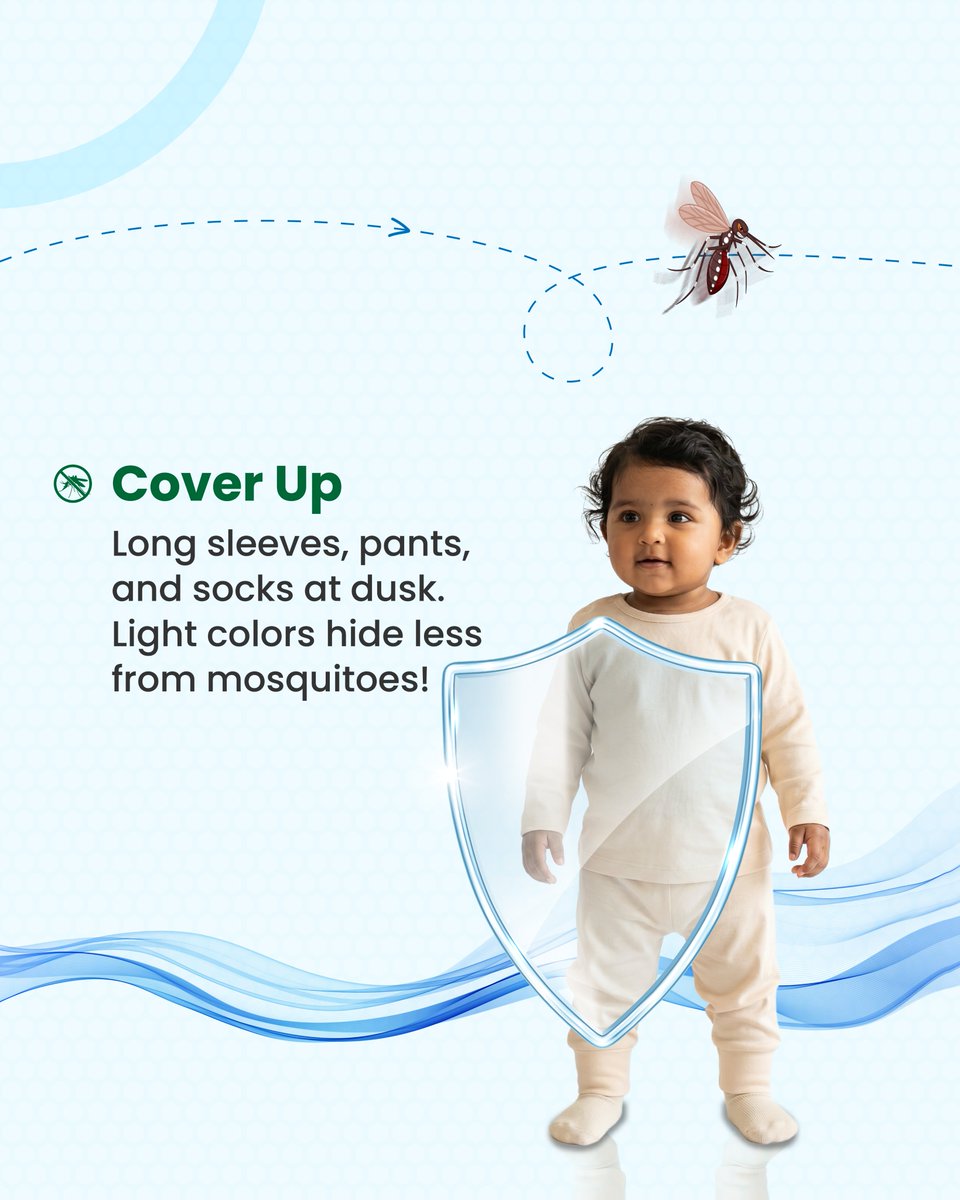 AVIClinics's tweet image. Repellent Safe: Child-safe DEET or picaridin on skin/clothes. Avoid face, reapply after play!
Cover Up: Long sleeves, pants, and socks at dusk. Light colors hide less from mosquitoes! 

#ChildCare #MosquitoPrevention #HealthyKids #ParentingTips #StaySafe #DiseasePrevention