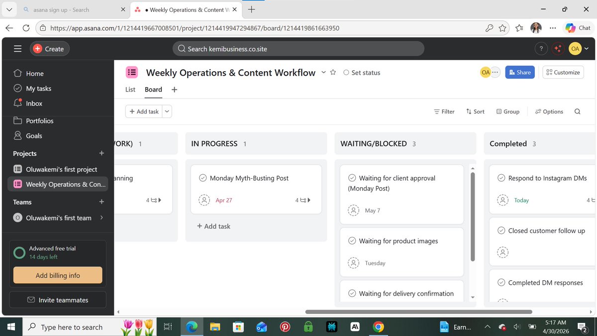 temiadaa's tweet image. Most people use task tools to store work.

I used mine to move work.

Day 9 of my VA mock project:
I built a simple workflow where tasks don’t sit they shift based on real time status using Asana

That’s what keeps operations clean.

#VirtualAssistant #Automation #Operations