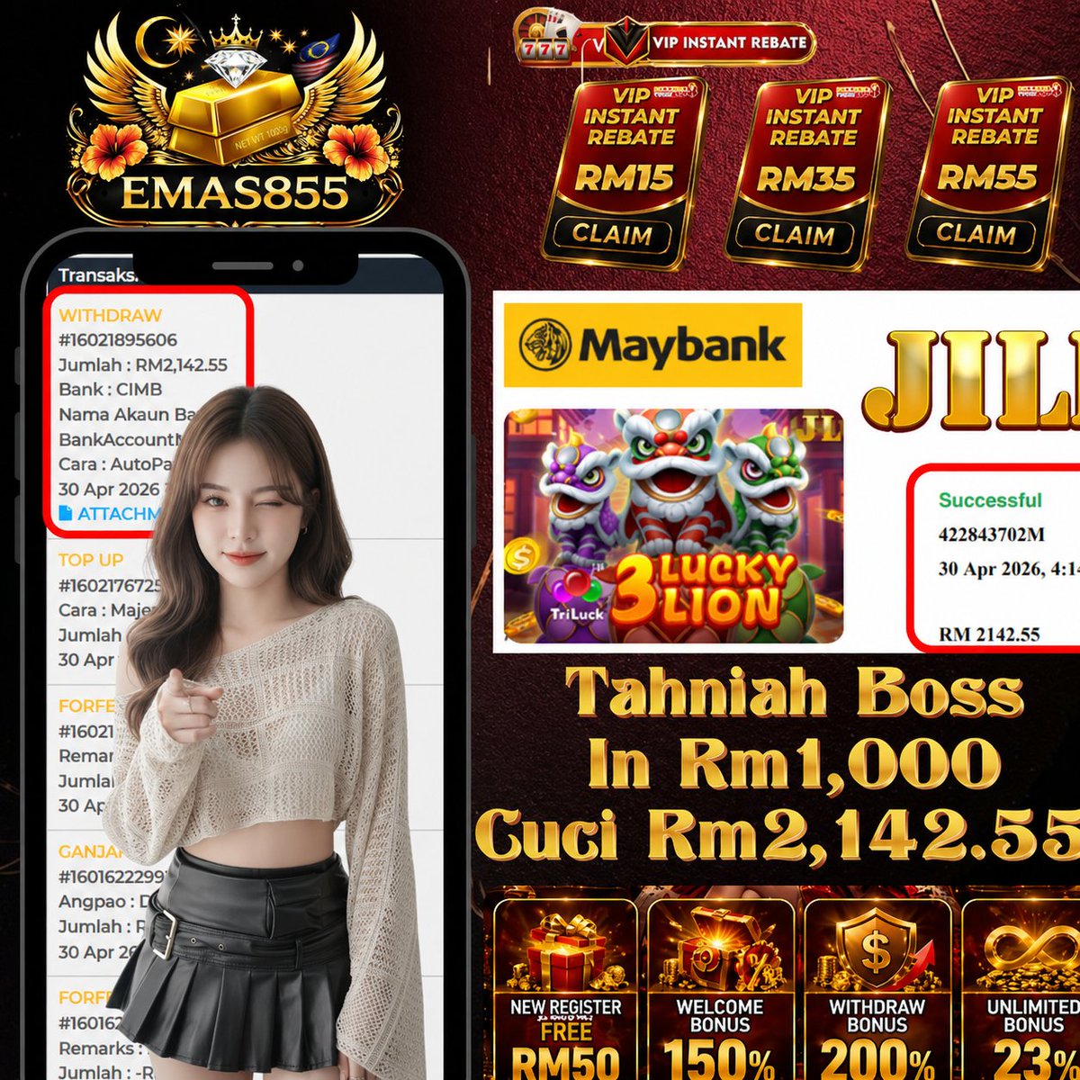 emas855cs's tweet photo. 💣 REAL WIN PROOF

RM1,000 ➡️ RM2,142.55 💸
🏦 Cashout Maybank ✔️
🎰 3 Lucky Lion (JILI) tengah panas 🔥

🎁 FREE RM50
🎁 150% Welcome
🎁 200% Withdraw
⚡ VIP Rebate

🚨 Ramai tengah menang sekarang
👉 Join now sebelum terlepas
#emas855 #slotmalaysia #jackpot #onlinecasino https://t.co/iZXXer3WD6