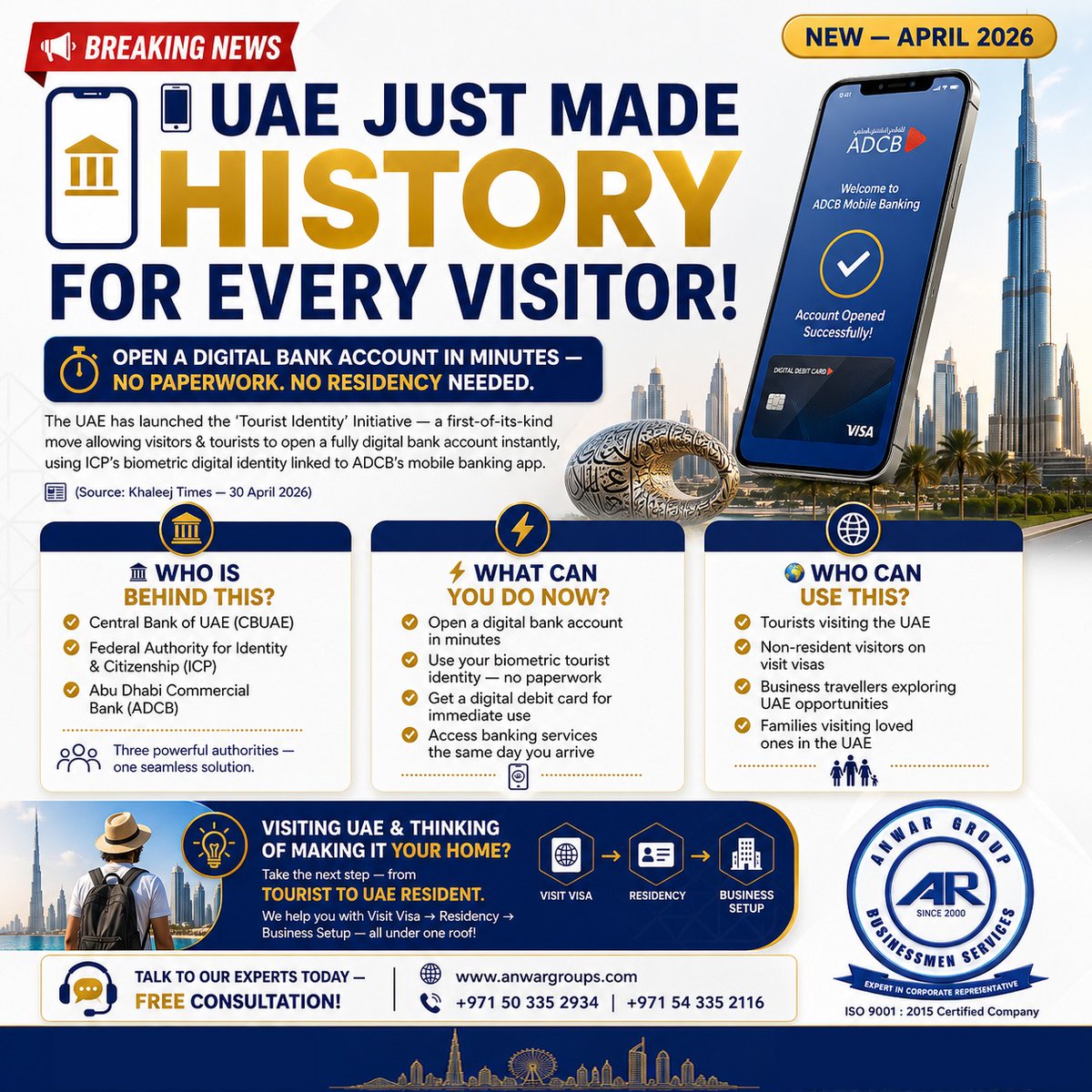 AnwarTyping's tweet photo. 🚨 BIG NEWS for UAE Visitors — Effective Today!

The UAE has just launched the 'Tourist Identity' Initiative — now every visitor to the UAE can open a fully digital bank account in MINUTES using their biometric tourist identity.

📞 +971 54 335 2116
📞 +971 50 335 2934 https://t.co/GPHZTpEVnl