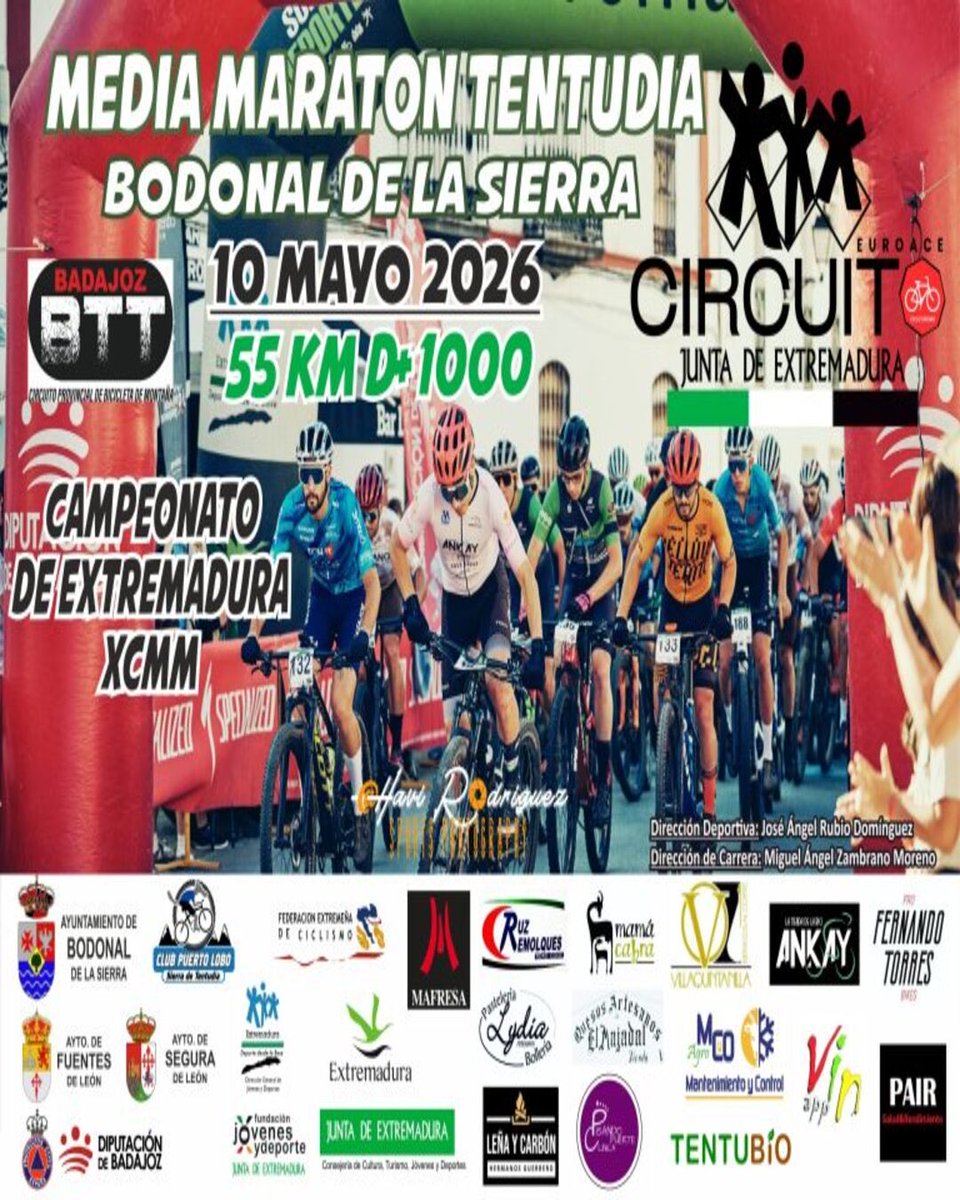 PULSACIONES_NET's tweet image. ¡Todo listo para la Media Maratón Tentudía! 🚴‍♂️

📍 Bodonal de la Sierra, Badajoz

🗓️ 10 Mayo 2026

📏 55 KM | +1000m D+

🏆 Campeonato Extremadura XCMM

⏱️ Crono oficial: Pulsaciones.net

¡No faltes a la gran cita del MTB! 

#MTB  #Extremadura #BTT #XCMM  #PulsacionesNet