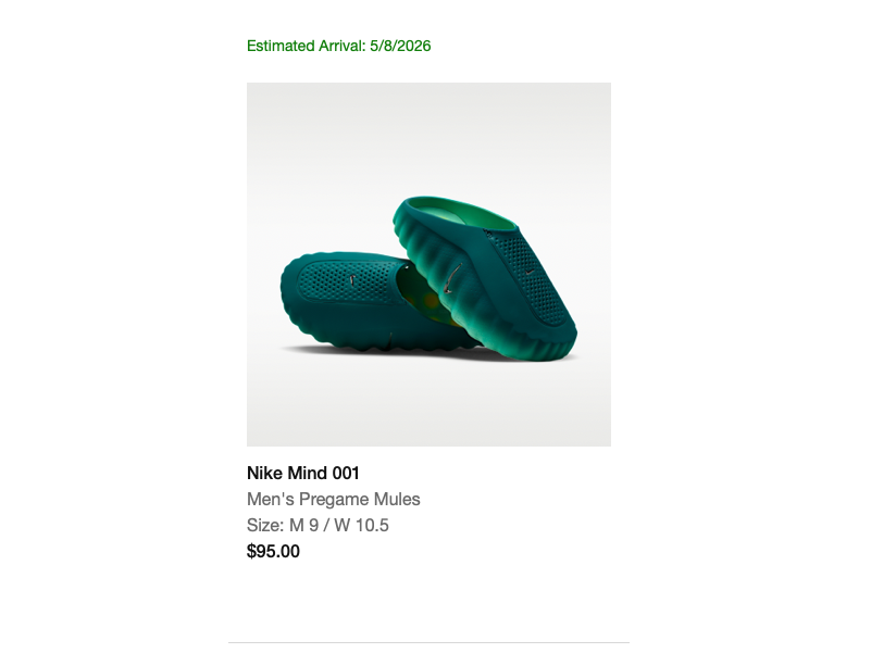 nsb_bot's tweet image. nike mind 001 mule checkout. @thelorax710 woke up to a $95 confirmation email. the site was crawling but we caught this retail pair and went back to sleep. 🥶 #W