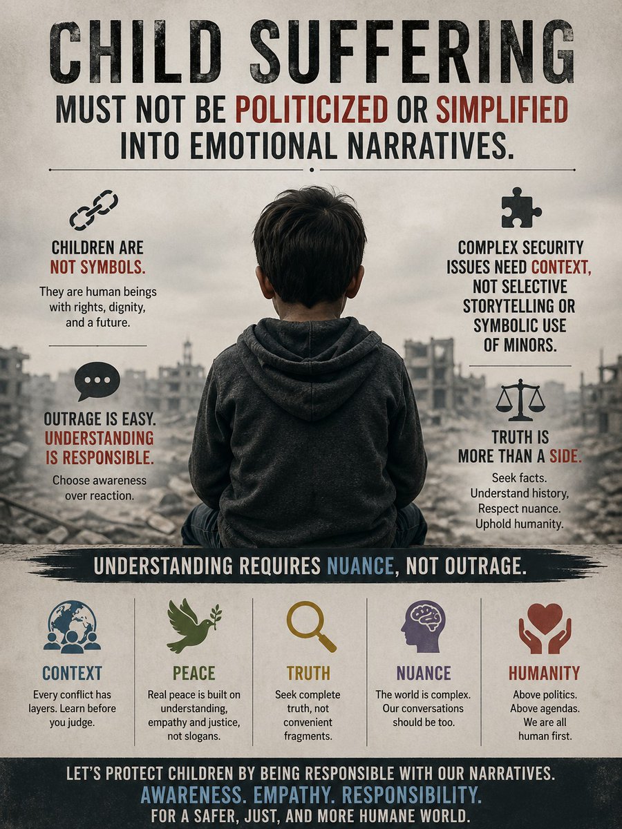 Hareem_heree's tweet image. We shouldn't reduce children's pain to political slogans or emotional tales. Security challenges are complex and demand full context, not cherry-picked stories or emotionally charged images. Real understanding calls for depth, not outrage. #Context #Peace #Truth