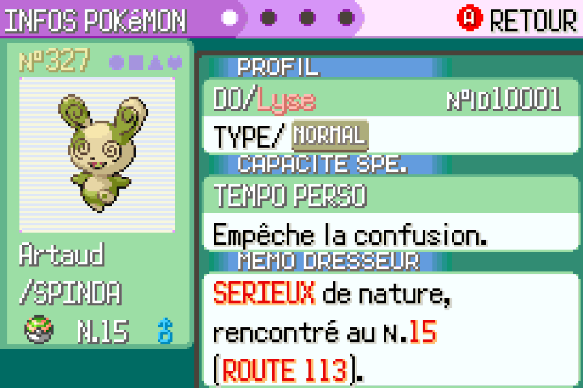Kaname_Lyse's tweet photo. Shiny Spinda obtained on Pokémon Emerald after 5,243 encounters on Route 113.
I named it Artaud, after Antonin Artaud, a theatre figure known for the concept of the Theatre of Cruelty and a body of work shaped by chaos and madness.

 RSE Shiny Living Dex
21 / 413 https://t.co/8L48B1RmCc