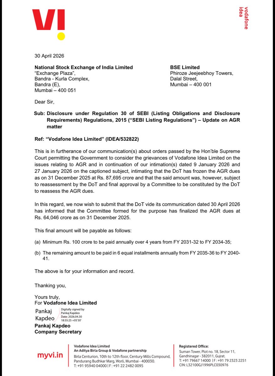 Geetu_Moza's tweet image. Vodafone Idea AGR Dues Update
DoT has finalized AGR dues at ₹64,046 crore for Vodafone Idea
A minimum payment of ₹100 crore annually is mandated from FY32 to FY35
The remaining dues will be repaid in 6 equal installments from FY36 to FY41

#stockmarketnews #stockinfocus
