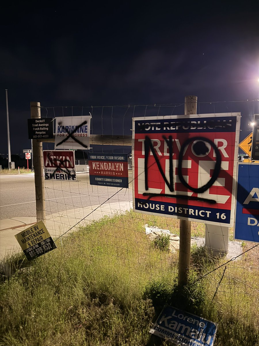 VoteTrevorLee's tweet photo. 🚨 The “tolerant left” strikes again.

They can’t win on policy, so they resort to violence, vandalism, and personal attacks to keep us out of the debate.

My House District 16 signs have been repeatedly defaced and spray-painted. 

This is only a very small fraction of what I deal with every day because I speak out on the important issues.

We will NOT be silenced.
