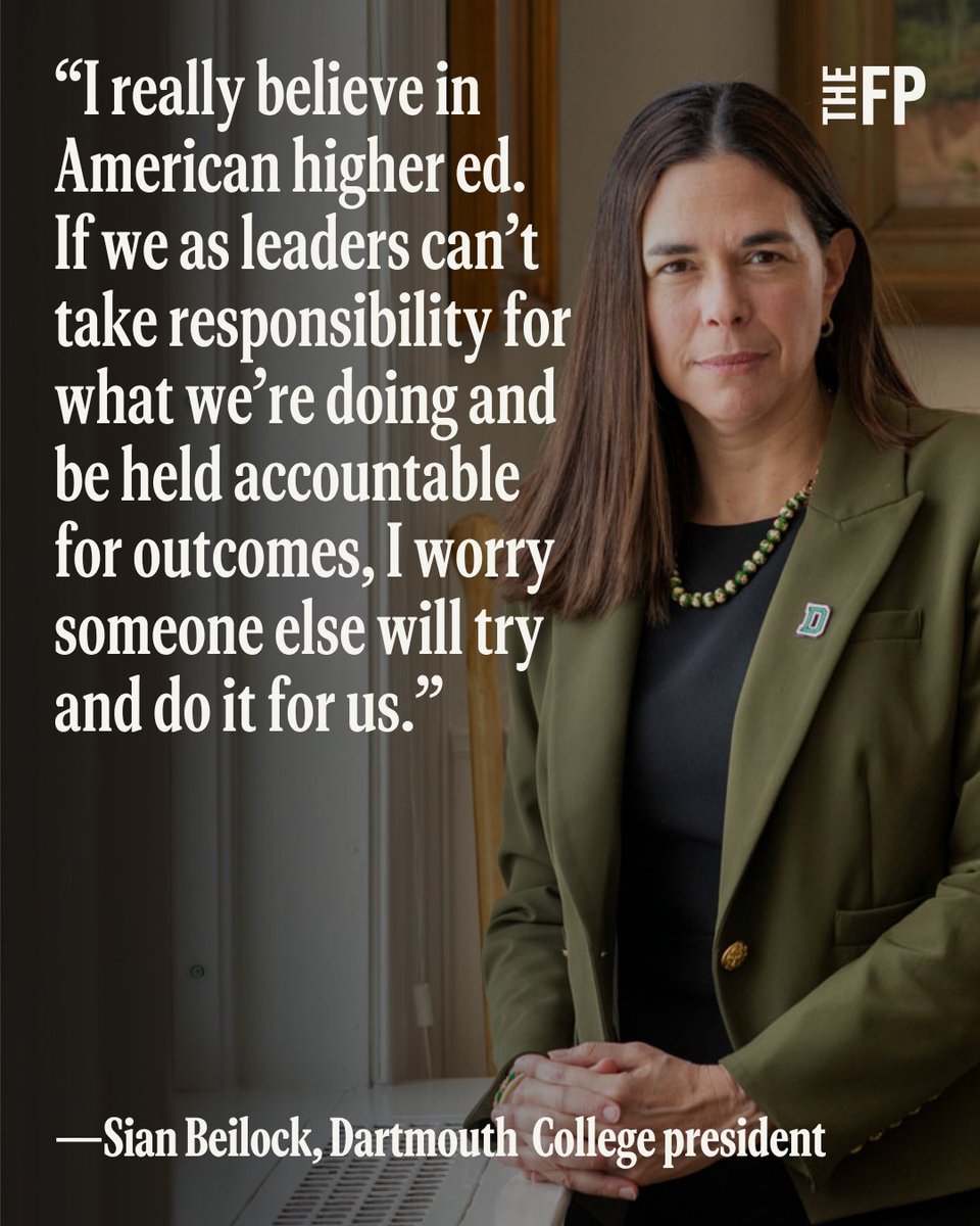TheFP's tweet photo. College president Sian Beilock had protesters arrested, defied faculty, and has said American universities lost their way. 

They can fix themselves, or, as she told The Free Press’s @JonasYDu, “someone else will try and do it for us.”

Read the full story here: https://t.co/lR4f7gBH5f