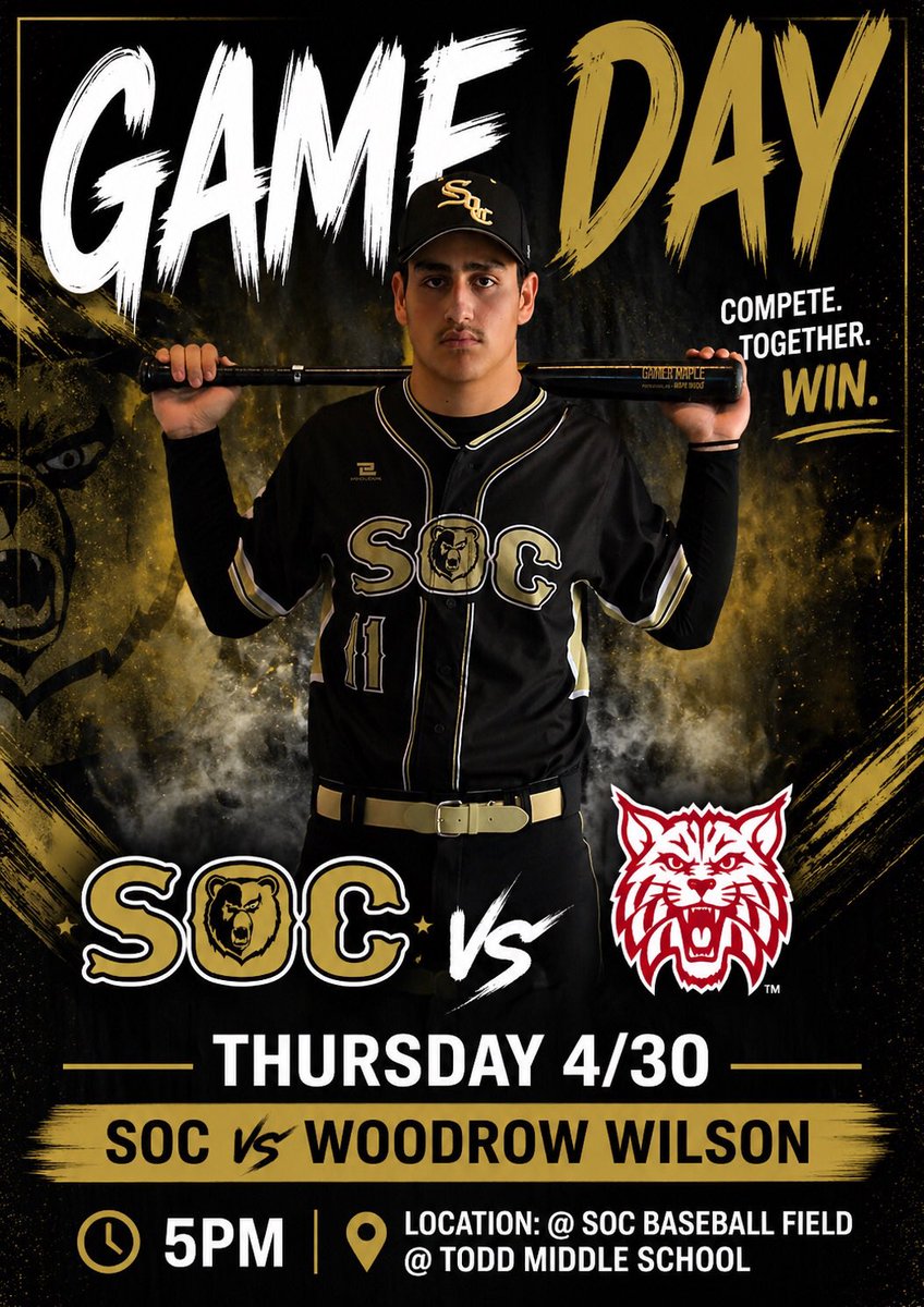 SOC_Baseball's tweet photo. SOC Golden Bear Baseball is set to take on Woodrow Wilson in Game 2 of Round 1 of the 2026 Playoffs this evening.

Game 2
SOC Field @ Todd Middle School (Oak Cliff TX) Thursday 4.30 @ 5PM

The Golden Bears appreciate your continued support. See you all this evening! 🐻 https://t.co/E1yTBg7PpN