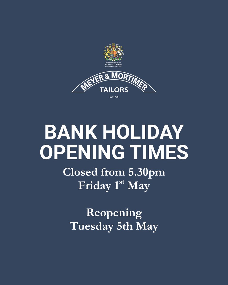 meyer_mortimer's tweet photo. We will be closed from 5.30pm today and will welcome clients back as usual from 9.00am Tuesday, 5th May.

Wishing you an enjoyable Bank Holiday weekend. https://t.co/Zow9i7TJYU