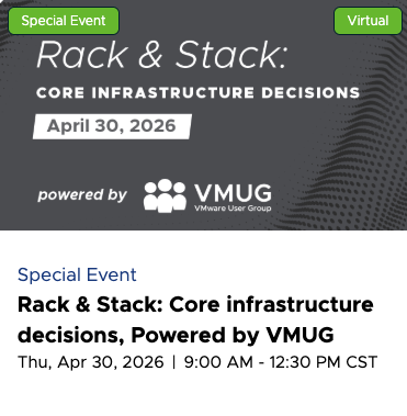 AdeeshF's tweet photo. Webcast | Rack &amp; Stack: Core infrastructure decisions, Powered by VMUG https://t.co/8K1nikqWco https://t.co/vrnJZOI5yP