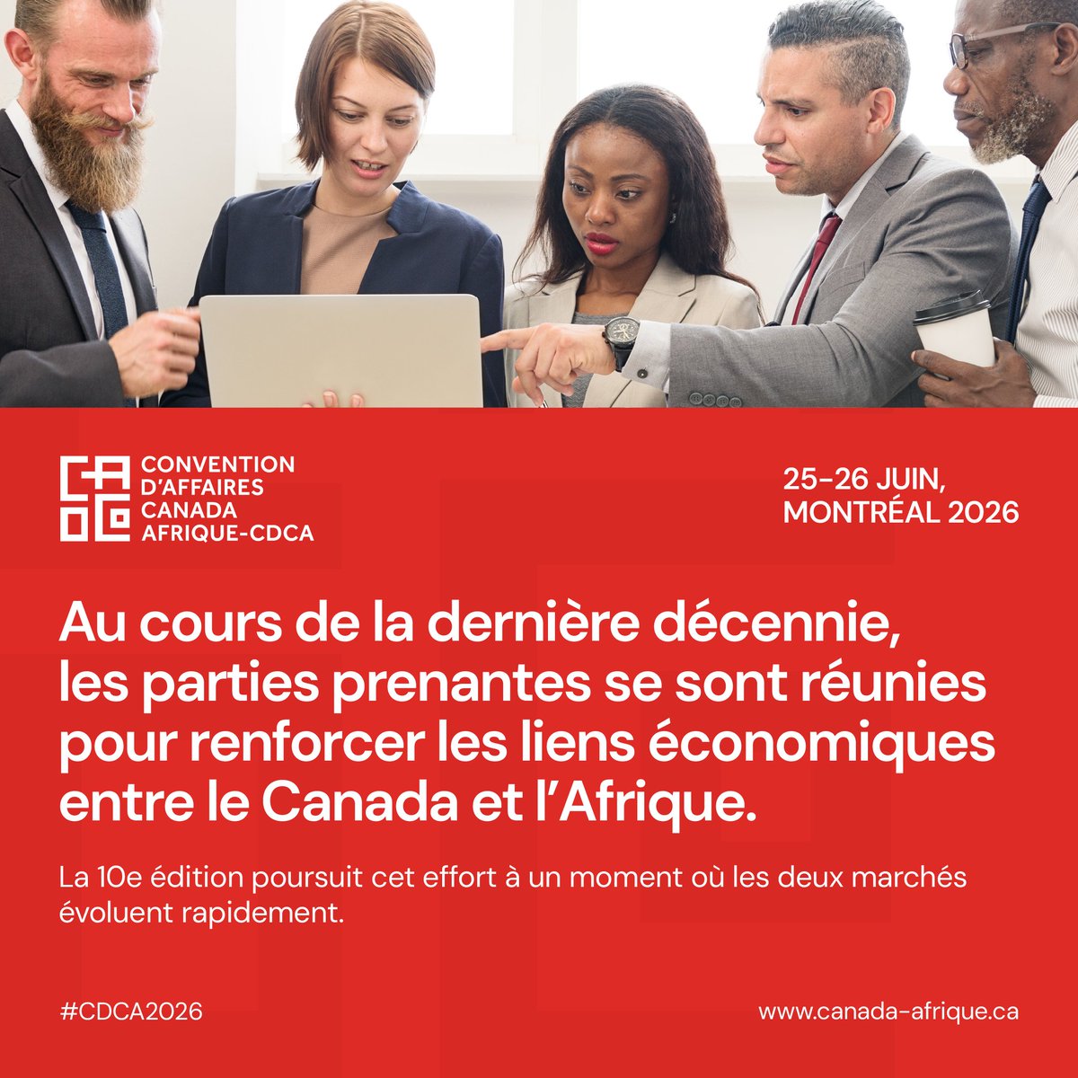 Il y a 10 ans, le Canada et l’Afrique lançaient une plateforme stratégique pour les transactions et les partenariats. 

En juin, nous célébrons la 10e édition : des centaines d’acteurs économiques réunis pour bâtir l’avenir.

🔗 Inscrivez-vous : canada-afrique.ca